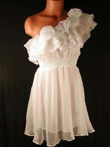 One Shoulder Ruffle Rosette White Chiffon Dress S M L New  