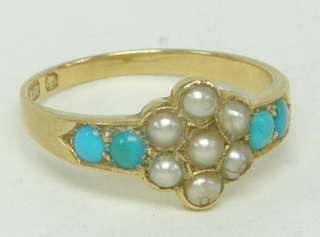 RARE ANTIQUE VICTORIAN 18 CARAT GOLD, TURQUOISE & SEED PEARL RING NO 