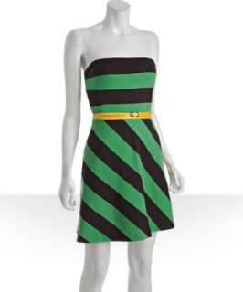 BCBGMAXAZRIA navy and green striped belted strapless dress   
