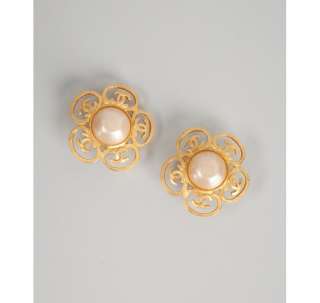 Chanel gold faux pearl flower clip on earrings