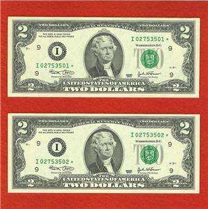 US CURRENCY (2) 2003★ $2 STAR★ NOTES Old Paper Money CU  
