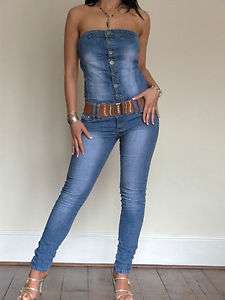 BNWT Womens Ladies Blue Jeans Skinny Denim Catsuit Jumpsuit Size 8 10 