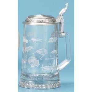 Fishing Lures Etched Fisherman German Glass Beer Stein  