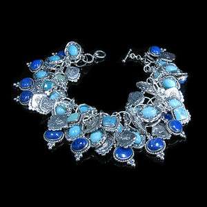   Sterling Silver Natural Turquoise Blue Lapis Cluster Charm Bracelet