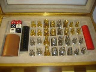 Game set with wooden chest   chess pieces, discs  