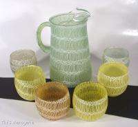 Vintage Spaghetti String Glass Pitcher Water Set w/ 6 Tumblers Rubber 