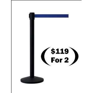  Retractable Tape Barriers, Black with 7 Blue Belt (Set of 
