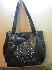   big black studded purse handbag leather like trendy Claires  