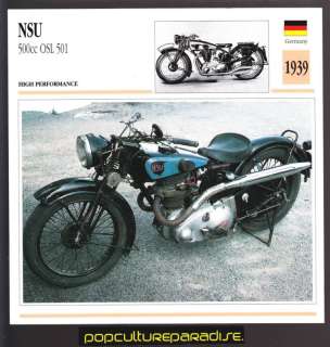 1939 NSU 500cc OSL 501 MOTORCYCLE Picture ATLAS CARD  