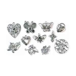  Boxed Charm Embellishment Assortment 110 Pieces Old Silver 