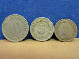 Deutsches Reich 1903A 1 Pfennig 1905A 5 Pfennig 1912A 10 Pfennig Coins 