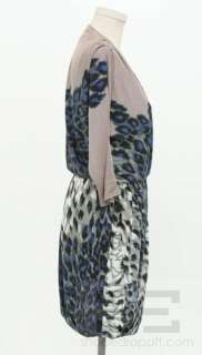 Tibi Blue & Grey Leopard Print Long Sleeve V Neck Draped Dress Size 