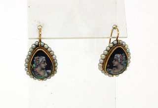 STUNNING 14K, SEED PEARLS & HAND PAINTED CAMEO FRENCH EARRINGS  