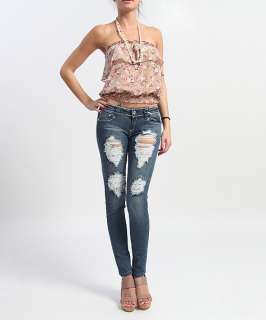   DESTROYED Ladies Lace Inset Skinny Jeans LowRise RIPPED Washed Denim