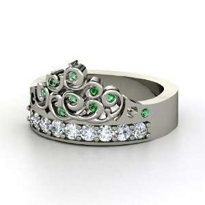  Tiara Ring, 14K White Gold Ring with Diamond & Emerald 