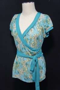Ann Taylor LOFT Blue/Green/Brown/White Floral Design Cap Sleeve Blouse 