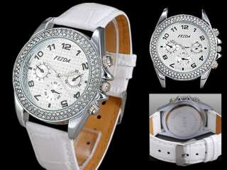 Elegant Crystal Leather Quartz Women Wrist Watch Silver  