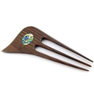   Wood Asymetrical Carved Design With Mother Of Pearl Inlay Hair Stick