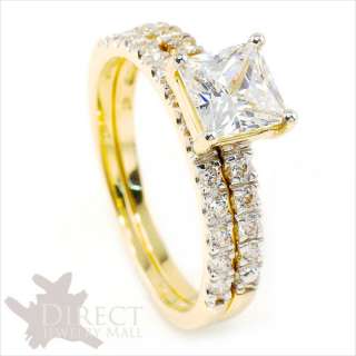   REAL GOLD Princess Cut White DIAMOND lab Wedding Band Rings Bridal Set