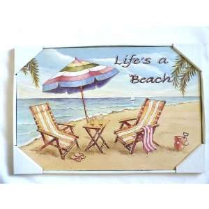 Beach Sign with Beach Scene, Umbrella, Beach Chairs and Tropical 