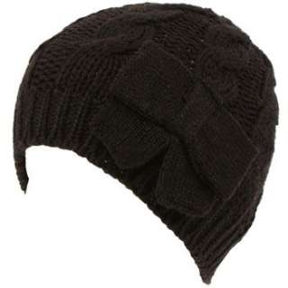 Cable Knit Beanie Skull Ski Winter Ribbon Bow Hat Black  