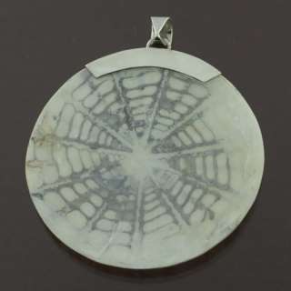 Large Sterling Silver Round WHITE SPIDER SHELL Pendant  
