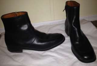 LEATHER UPPERS. RIGHT BOOT HAS MINOR SCRATCHES ON TOE AND ONE SCRATCH 
