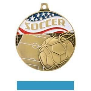 Hasty Awards Americana Custom Soccer Medals GOLD MEDAL/LT. BLUE RIBBON 