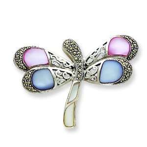   Sterling Silver Marcasite And Mother Of Pearl Cz Butterfly Pin