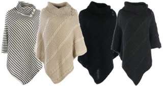 WOMENS LADIES CABLE KNITTED PONCHO JUMPER CAPE TOP  
