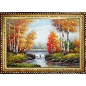 Riverside Autumn time Golden Aspen Birch Forest Scenery Oil Painting 