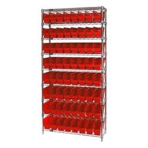   Chrome Wire Shelving With 64 6H Shelf Bins Red