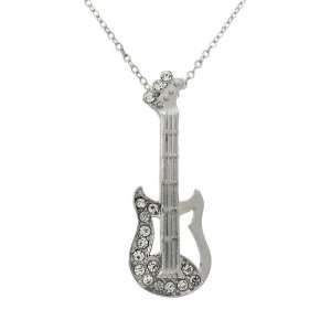 Rockin Silvertone Electric Guitar Necklace with Rhinestone Accents