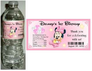 20 BABY MINNIE MOUSE 1ST BIRTHDAY ~ WATER BOTTLE LABELS  