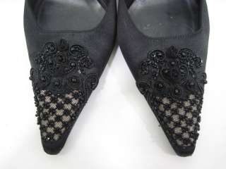 BADGLEY MISCHKA Black Satin Beaded Slingaback Shoes 7.5  
