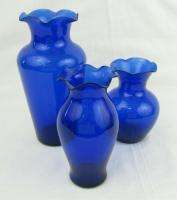 Set 3 Vintage Cobalt Blue Glass Flower Vase Ruffles  