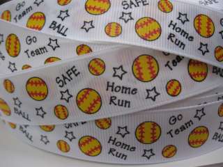   ribbon of white baseballs and yellow softballs on white grosgrain