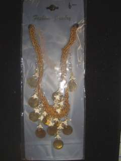 Seed Beaded Sequin Peyete Necklace Earring Set Gold  