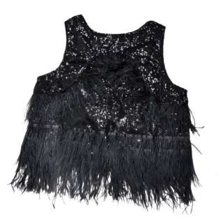 black SEQUIN OSTRICH FEATHER FRINGE vest waistcoat M L  