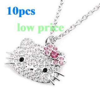 10pcs Hello Kitty Pink Bow Pendant CRYSTAL Chain Necklace wholesale 