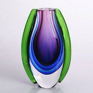 Hand Blown Purple, Blue, & Green Sommerso Teardrop Art Glass Vase with 