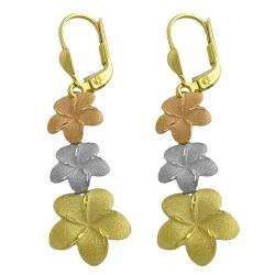 14k Tri color Gold Satin Flower Dangle Earrings  