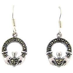 Sterling Silver Marcasite Claddagh Design Drop Earrings   