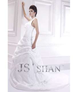 SALEJsshan White Taffeta Beading Halter Bridal Gown Wedding Dress,US4 