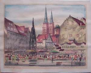 Original Signed Watercolor of Nurnberg, Germany Street  