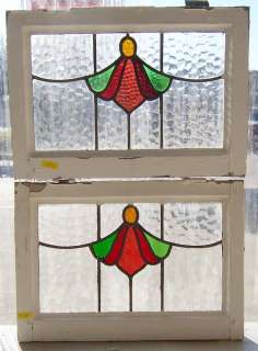 Pair Antique Stained Glass Windows Angelic Ruby Florets  