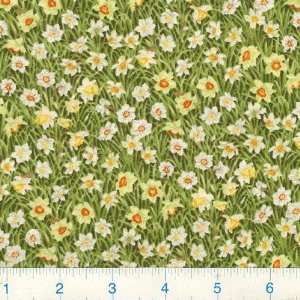  45 Wide Springtime Flowers Green Fabric By The Yard 