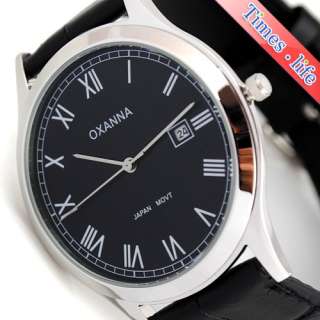 Black Vintage Quartz Wrist Watch Mens Real Leather Date Japan Movt 