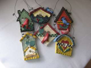 Set of 6 Paper Mache Bird House Ornaments Christmas Decorations  