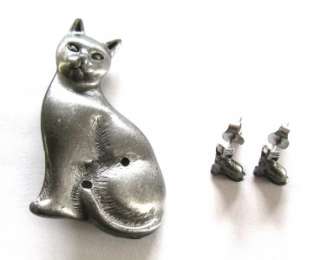 CAT PEWTER JEWELRY NECKLACE, EARRINGS, PIN, UNIQUE CASE  